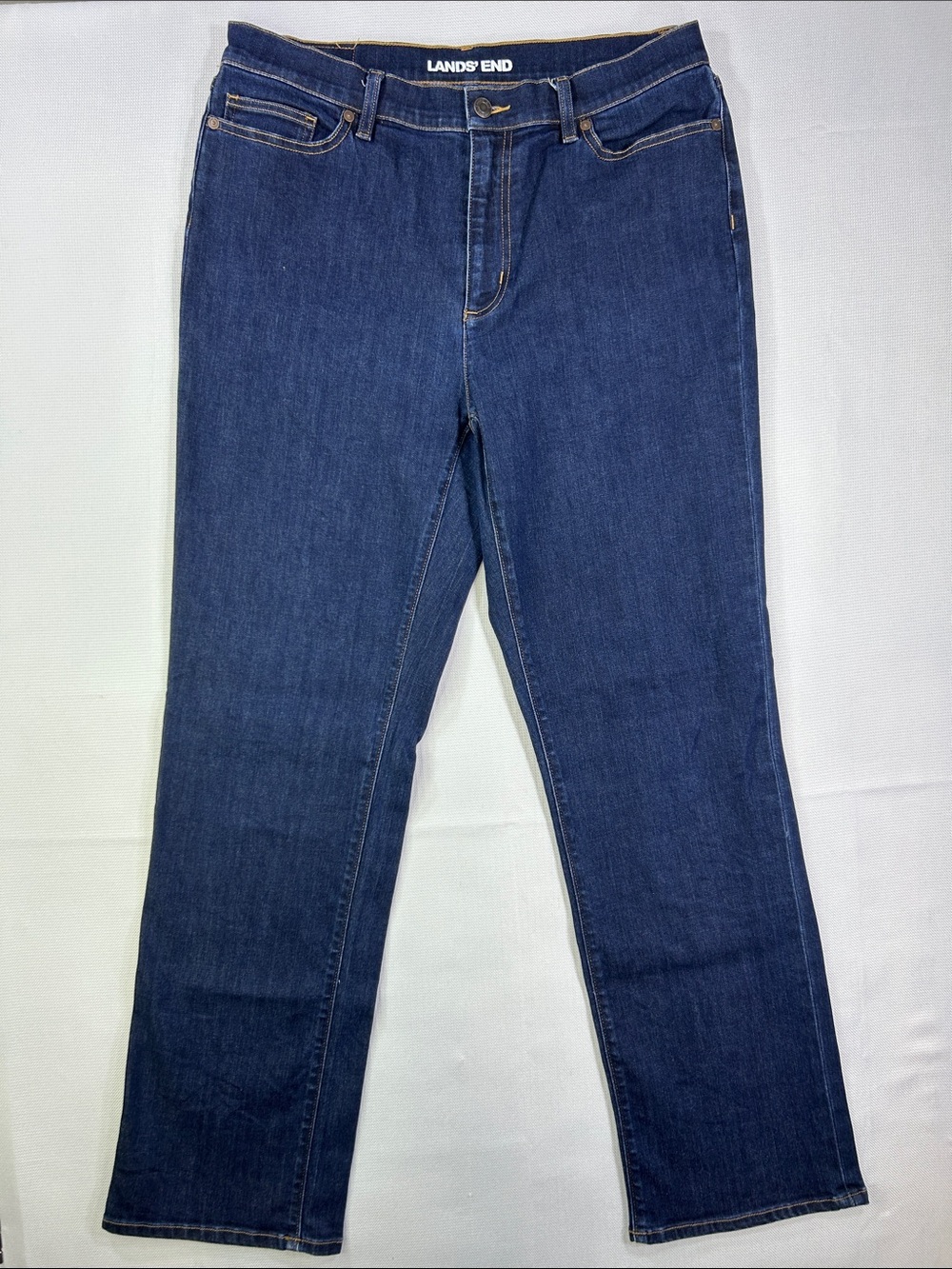 Lands’ End High Rise Straight Leg Jeans Womens Size 14 Dark Wash Stretch Long